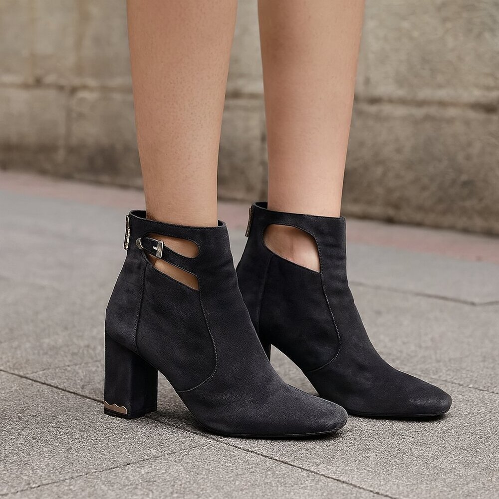 TOGA Pulla Black Suede Heeled Boots Booties EU 39 US 9 Zippered Buckle Cutout